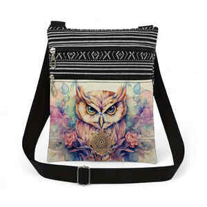NEW Messenger Bag OWL Purse Adjustable Strap Dual Zipper Closure 9.25 x 7.48"